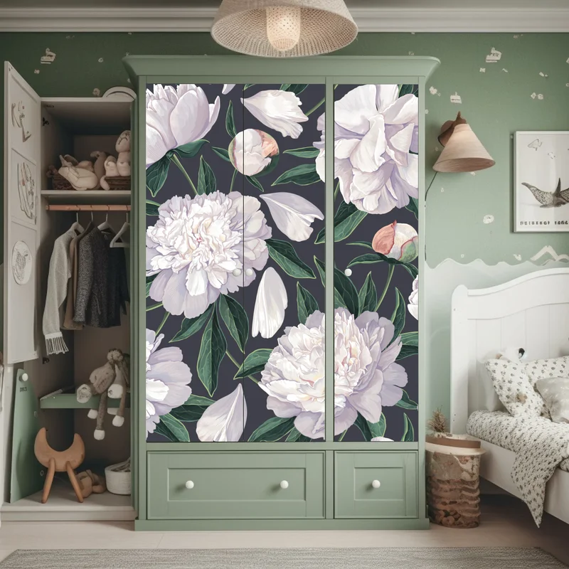 Schrankaufkleber weißes pfingstrosenmuster auf schiefergrauem hintergrund Schrankaufkleber weißes pfingstrosenmuster auf schiefergrauem hintergrund