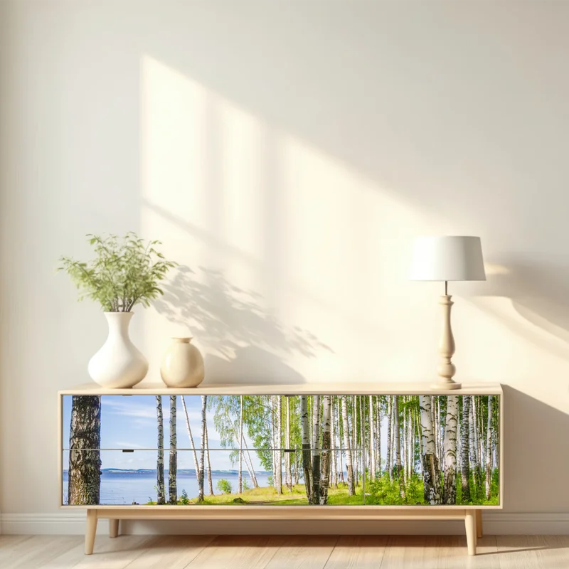 Repositionierbarer Aufkleber sonnige birkenlichtung am wasser