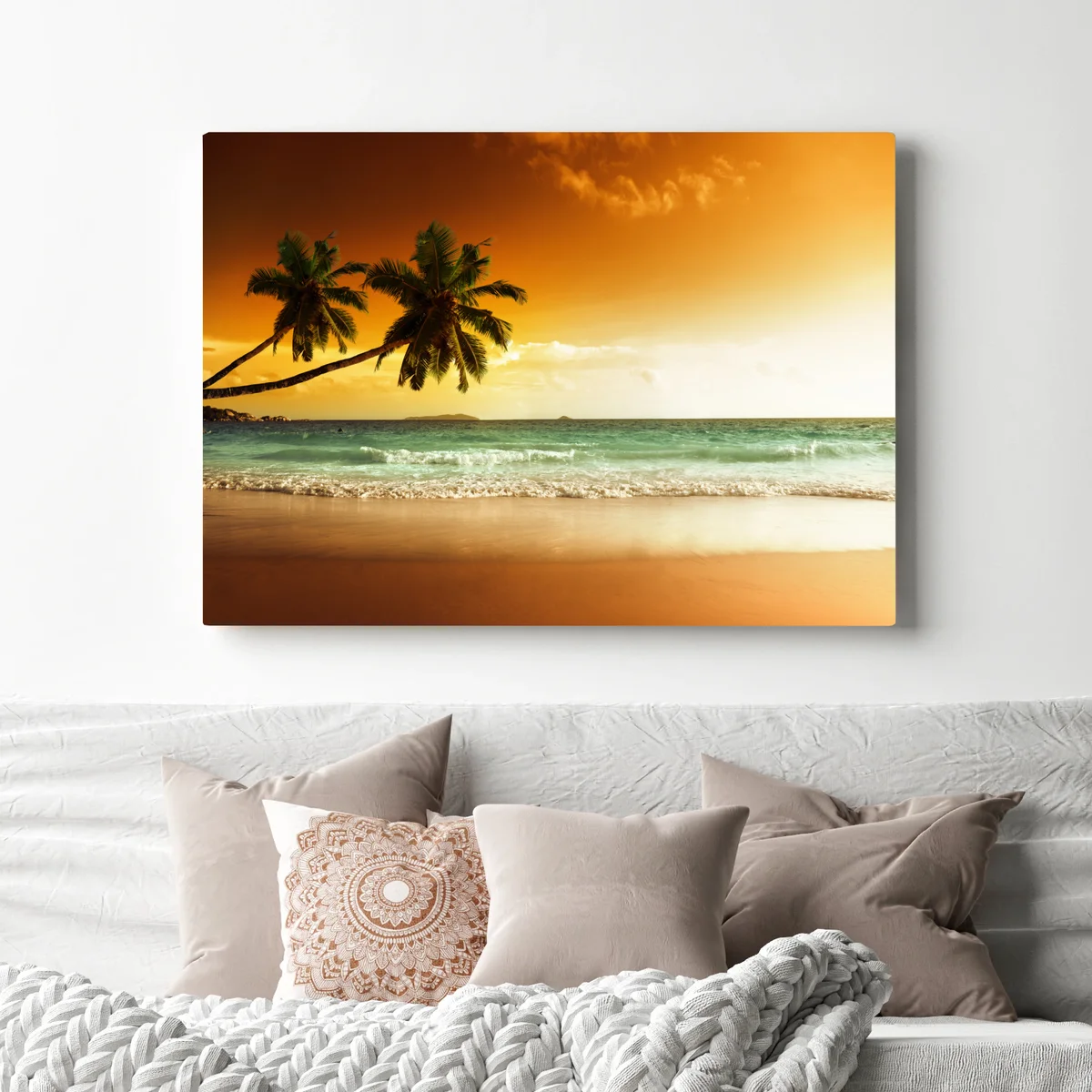 Leinwandbild karibischer sonnenuntergang am strand mit palmen Leinwandbild karibischer sonnenuntergang am strand mit palmen