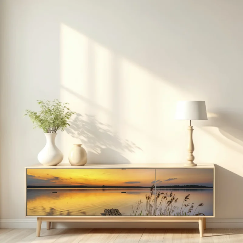 Repositionierbarer Aufkleber goldener sonnenuntergang am see mit steg