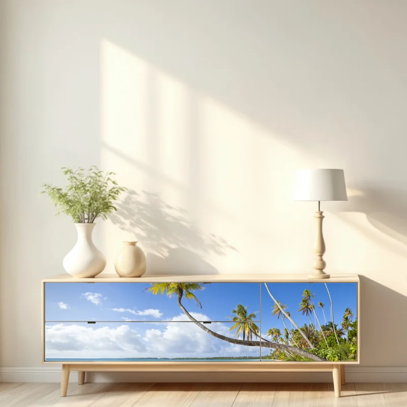 Repositionierbarer Aufkleber tropischer türkisblauer strand mit geneigter palme Repositionierbarer Aufkleber tropischer türkisblauer strand mit geneigter palme