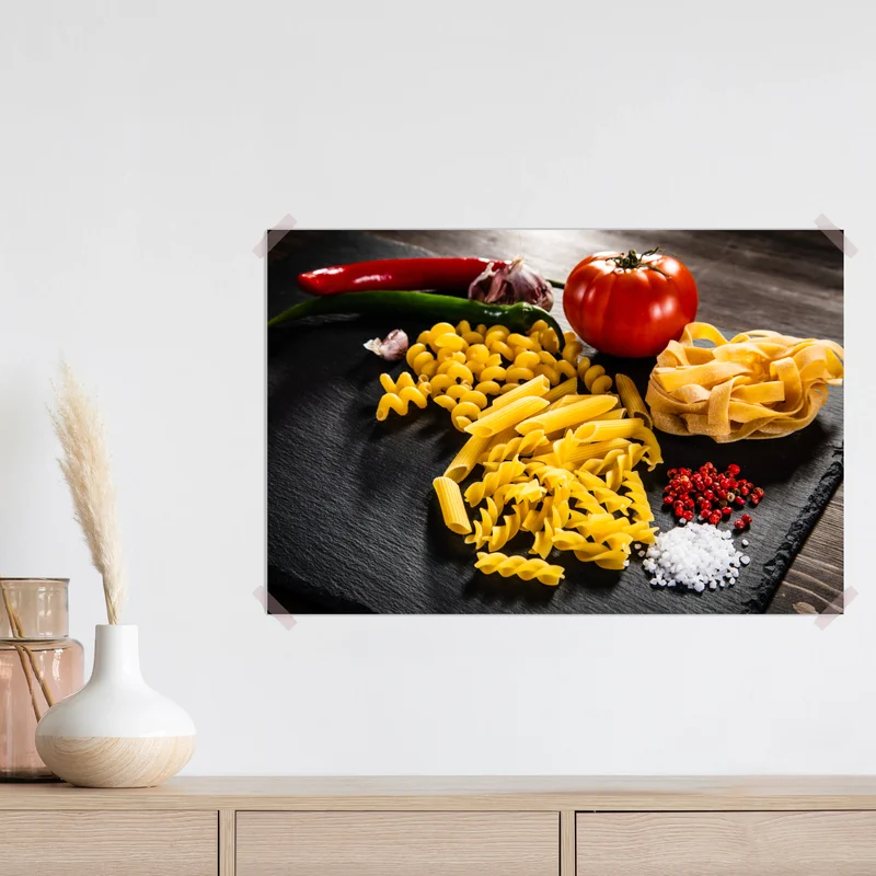 Poster verschiedene trockene nudeln und frische zutaten Poster verschiedene trockene nudeln und frische zutaten