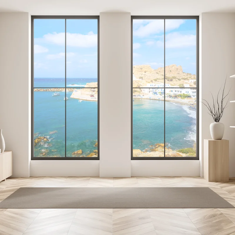 Fensteraufkleber sonniger hafen Finiki an der Küste von Karpathos