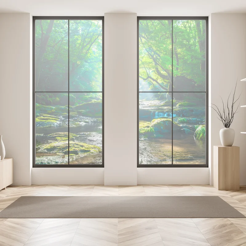 Fensteraufkleber sonnendurchfluteter waldbach mit moosbedeckten steinen