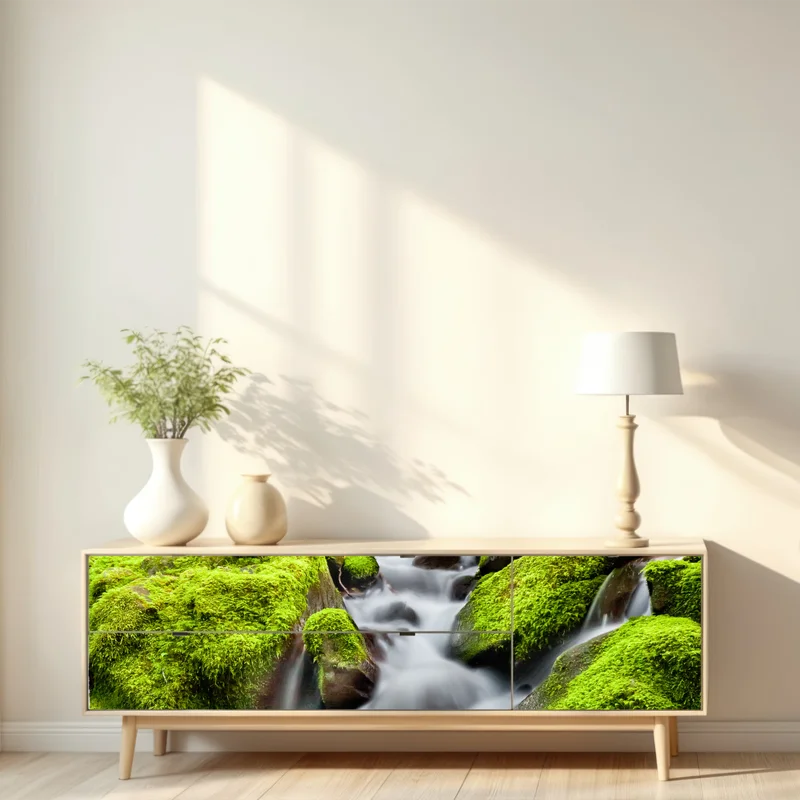 Repositionierbarer Aufkleber moosbedeckter bach bei Sol Duc Falls