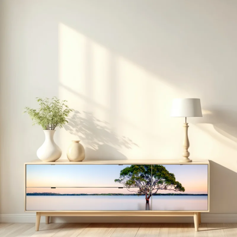 Repositionierbarer Aufkleber einsamer baum am stillen see