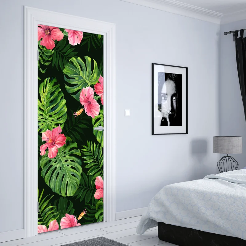 Türaufkleber tropisches monstera- und hibiskus-motiv