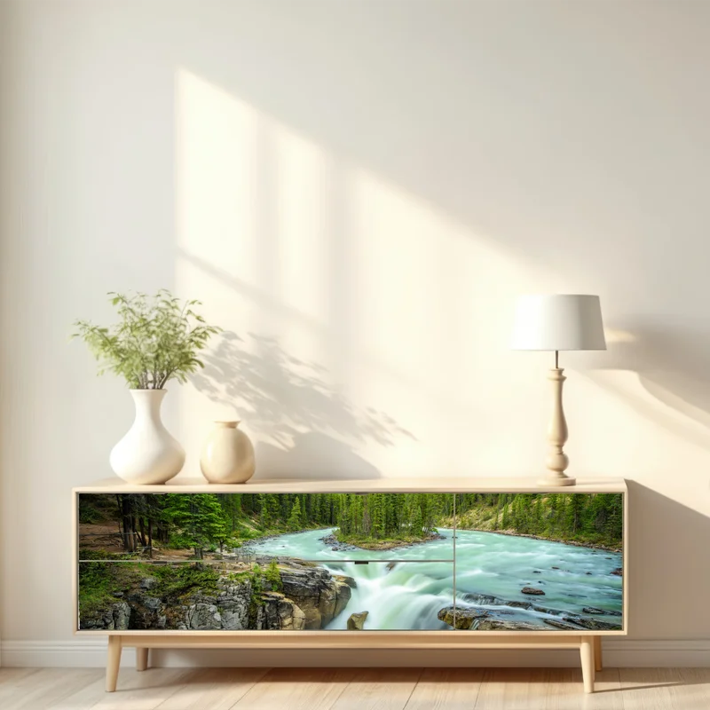 Repositionierbarer Aufkleber neblige flussklamm bei Upper Sunwapta Falls, Jasper National Park