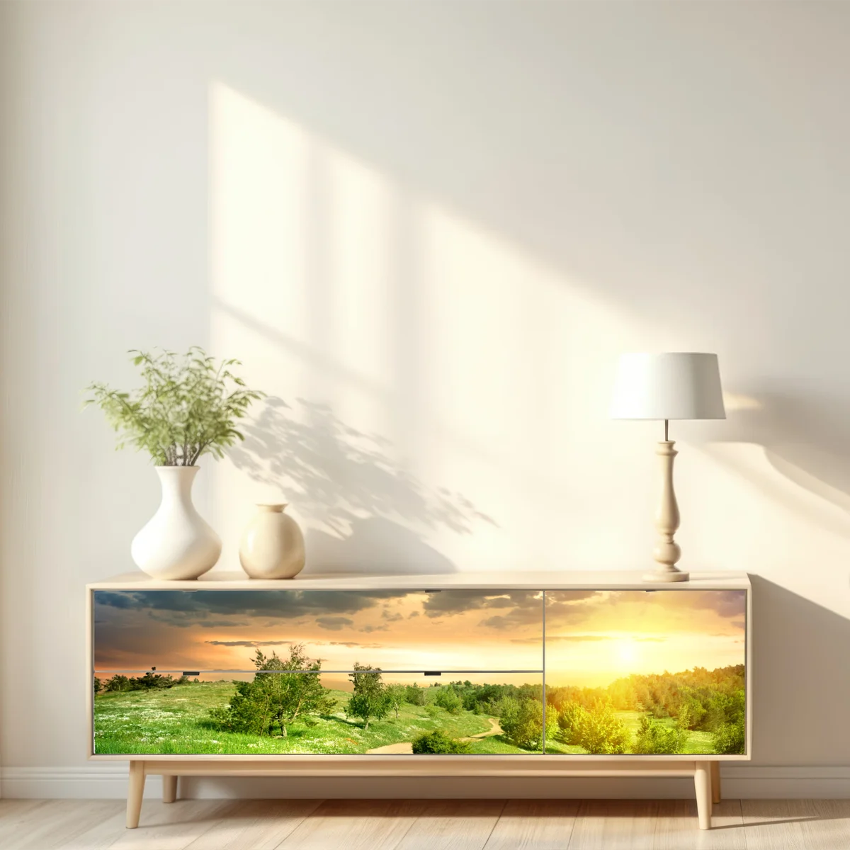 Repositionierbarer Aufkleber sonnenuntergang über einem feldweg durch grüne wiese Repositionierbarer Aufkleber sonnenuntergang über einem feldweg durch grüne wiese