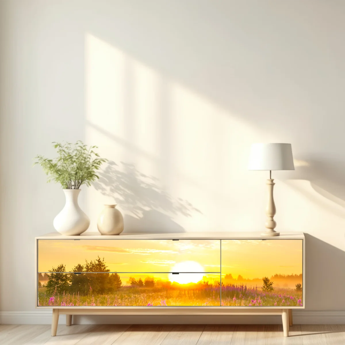 Repositionierbarer Aufkleber sonnenaufgang über violetter wildblumenwiese Repositionierbarer Aufkleber sonnenaufgang über violetter wildblumenwiese