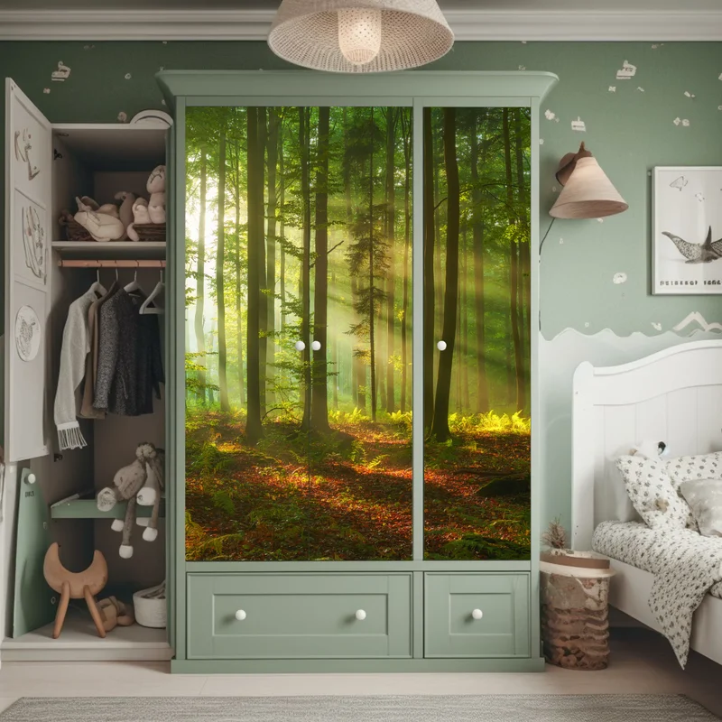 Schrankaufkleber morgendliches licht im grünen wald Schrankaufkleber morgendliches licht im grünen wald