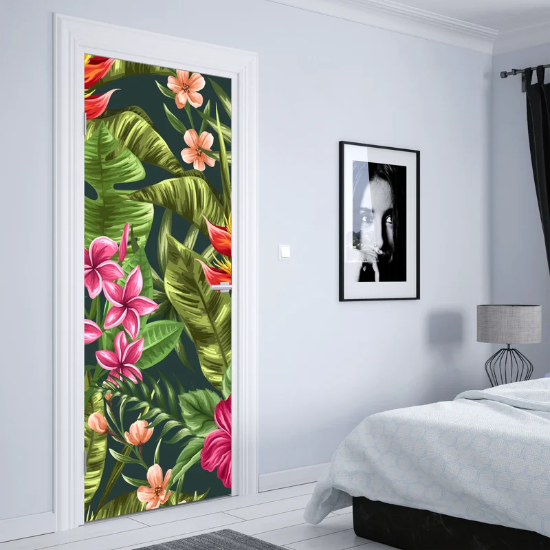 Türaufkleber tropisches hibiskus- und plumeria-blumenmuster Türaufkleber tropisches hibiskus- und plumeria-blumenmuster