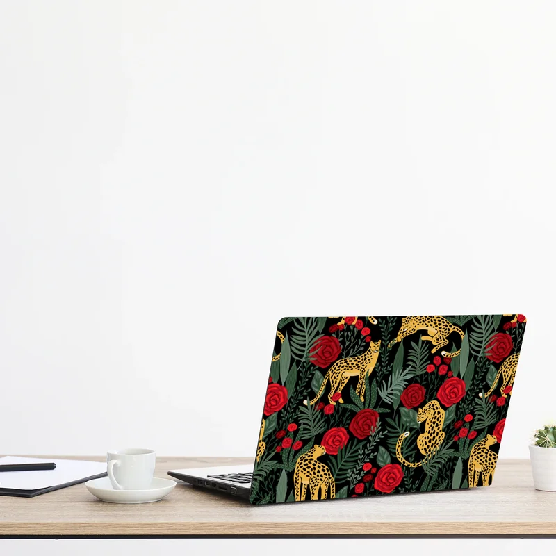 Laptop-Aufkleber goldene geparden und rote rosen muster Laptop-Aufkleber goldene geparden und rote rosen muster