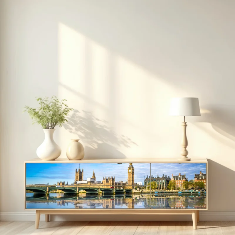 Repositionierbarer Aufkleber London skyline mit spiegelung auf dem fluss