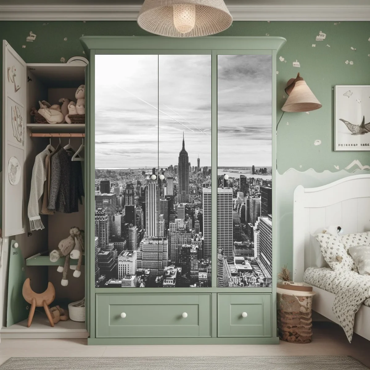 Schrankaufkleber panorama von New York in graustufen Schrankaufkleber panorama von New York in graustufen