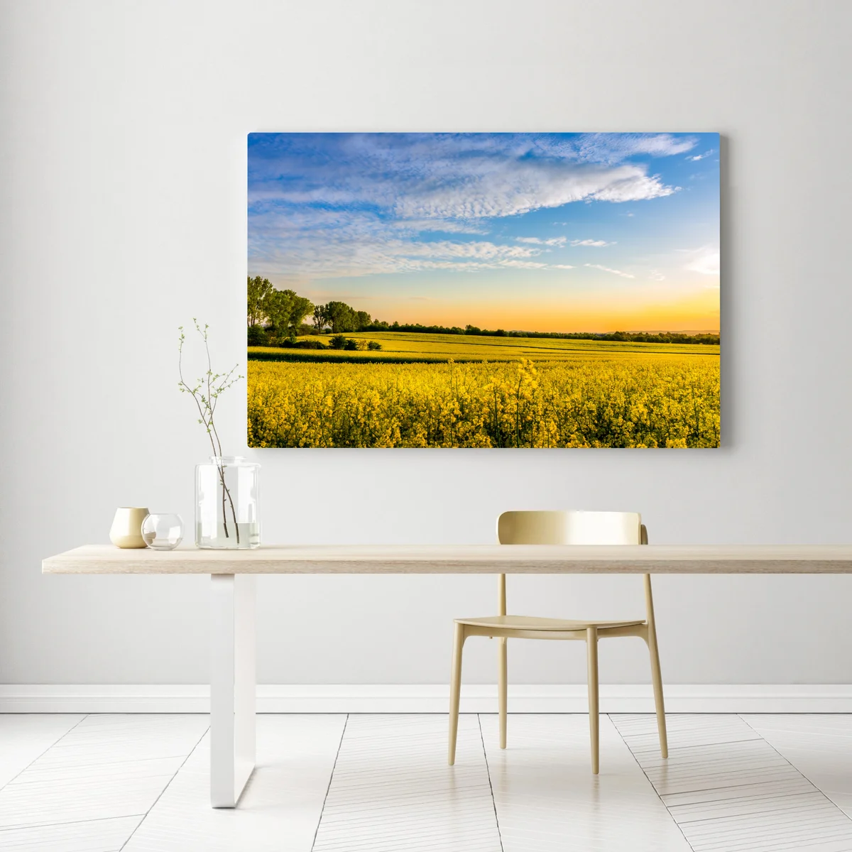 Leinwandbild sonnenbeschienenes rapsfeld im abendlicht Leinwandbild sonnenbeschienenes rapsfeld im abendlicht