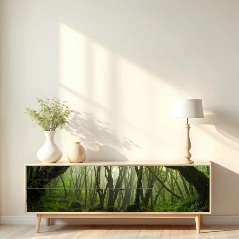 Repositionierbarer Aufkleber nebliger grüner waldpfad Repositionierbarer Aufkleber nebliger grüner waldpfad