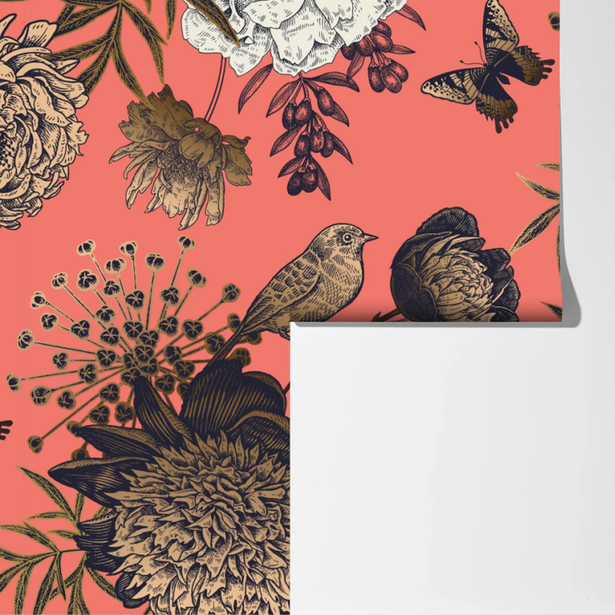 Fototapete vintage blumenmuster mit vögeln auf korallenhintergrund Fototapete vintage blumenmuster mit vögeln auf korallenhintergrund