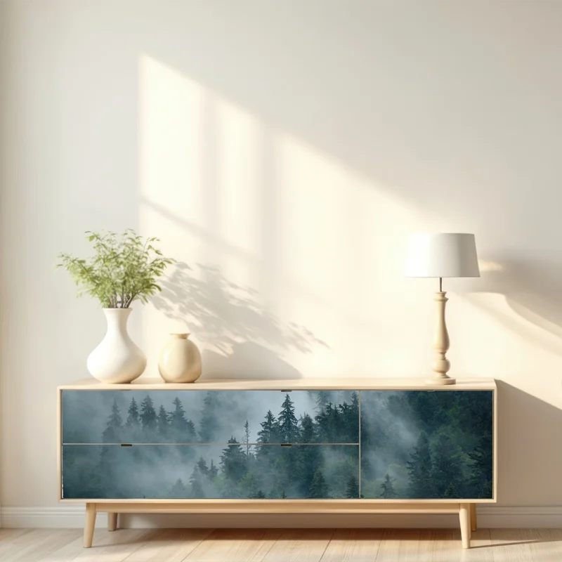 Repositionierbarer Aufkleber nebeliger immergrüner wald