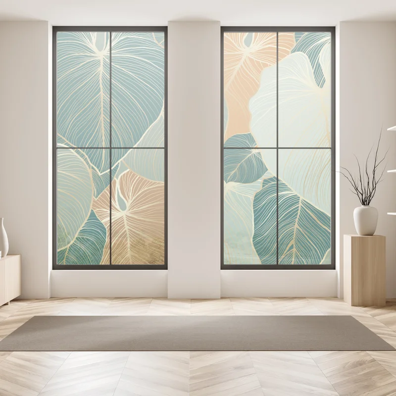 Fensteraufkleber türkis-goldenes botanisches blättermuster