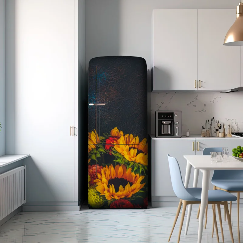 Kühlschrankaufkleber lebendiger sonnenblumenstrauß vor dunklem hintergrund Kühlschrankaufkleber lebendiger sonnenblumenstrauß vor dunklem hintergrund