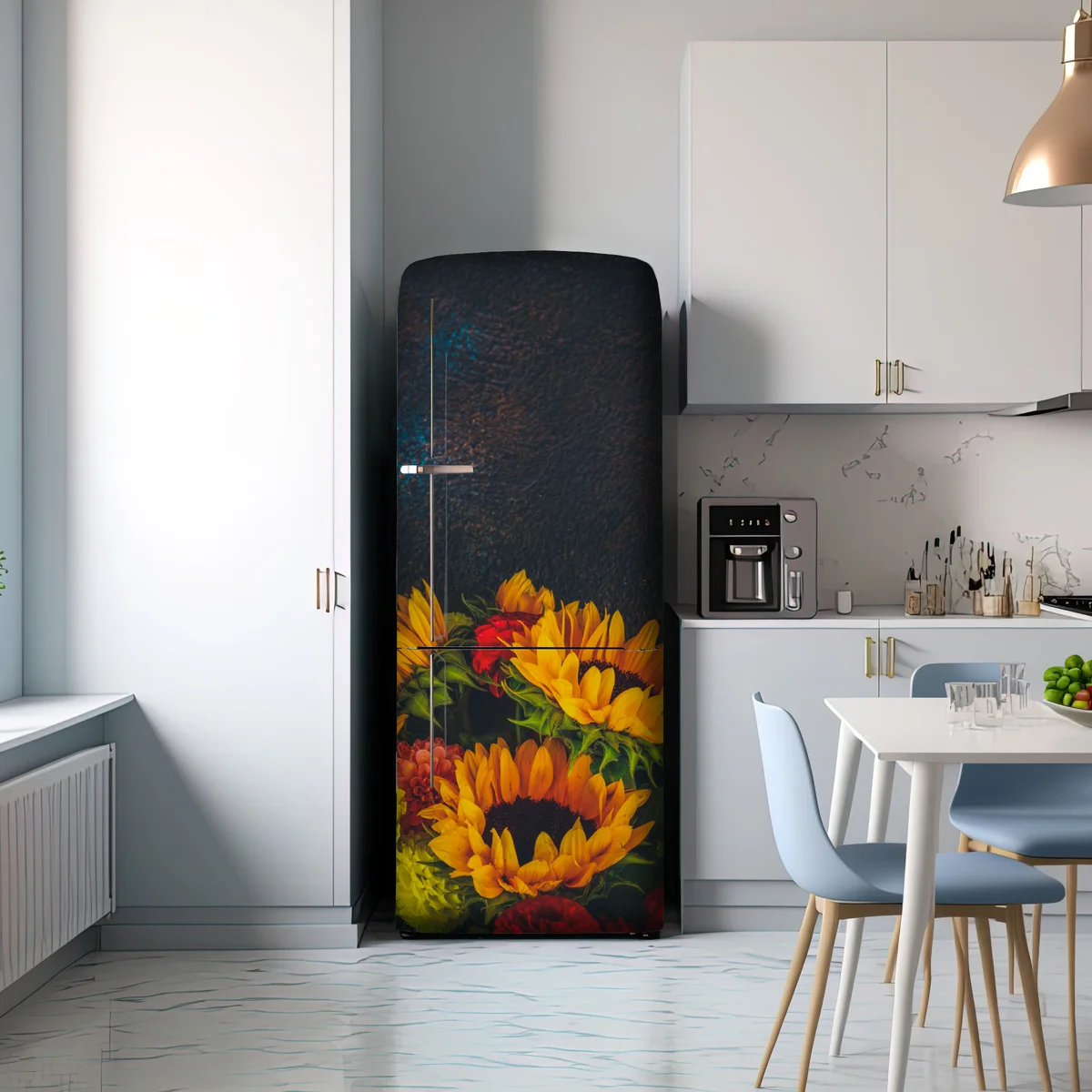 Kühlschrankaufkleber lebendiger sonnenblumenstrauß vor dunklem hintergrund Kühlschrankaufkleber lebendiger sonnenblumenstrauß vor dunklem hintergrund