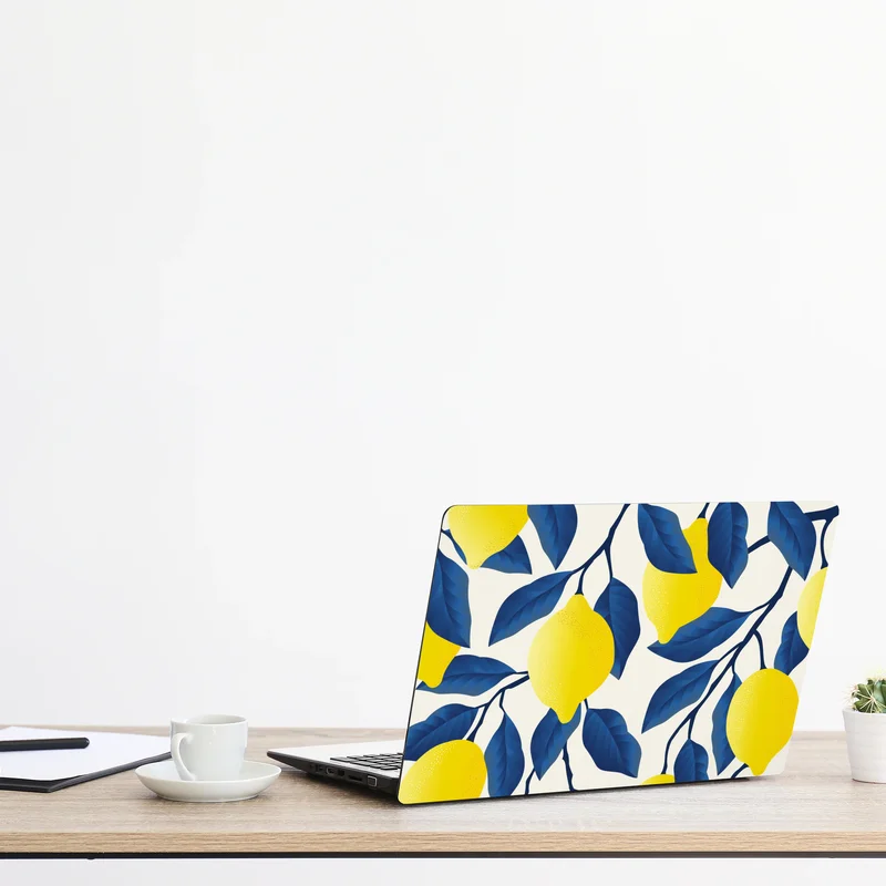 Laptop-Aufkleber lebhaftes zitronenmuster mit blauen blättern Laptop-Aufkleber lebhaftes zitronenmuster mit blauen blättern