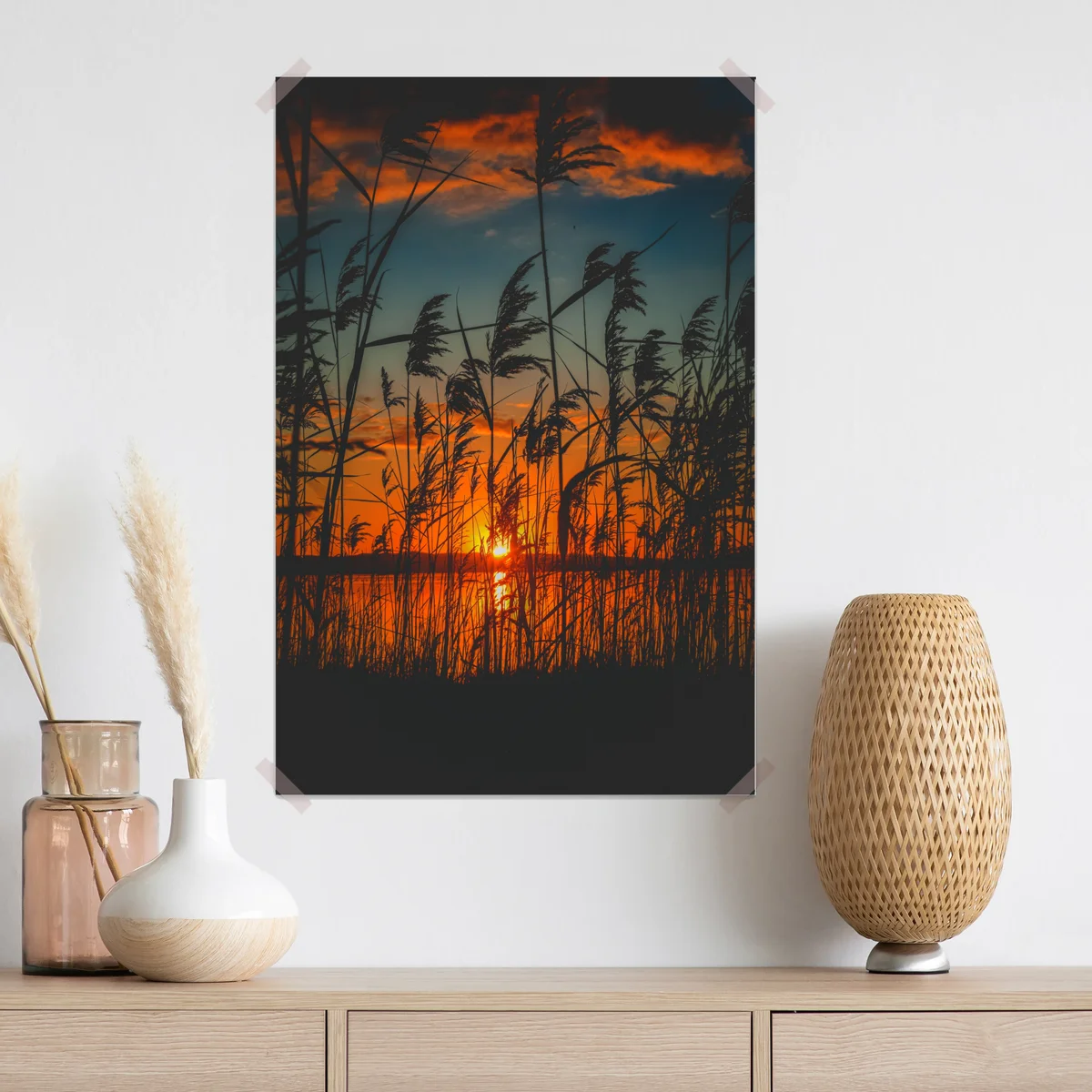 Poster sonnenuntergang am see mit schilf-silhouette Poster sonnenuntergang am see mit schilf-silhouette