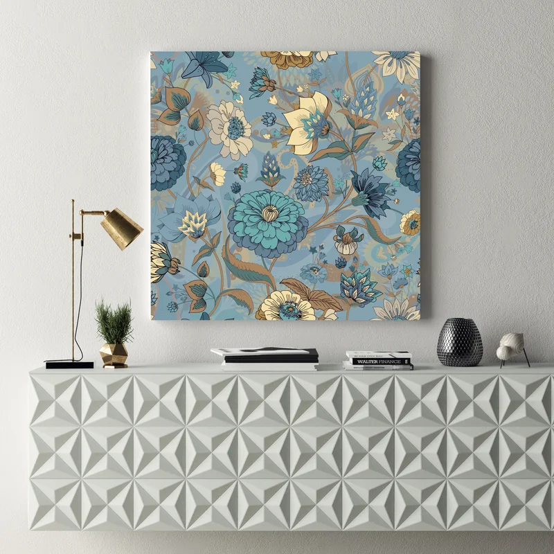 Leinwandbild vintage-blumenmuster in gedämpften blau- und beigetönen Leinwandbild vintage-blumenmuster in gedämpften blau- und beigetönen