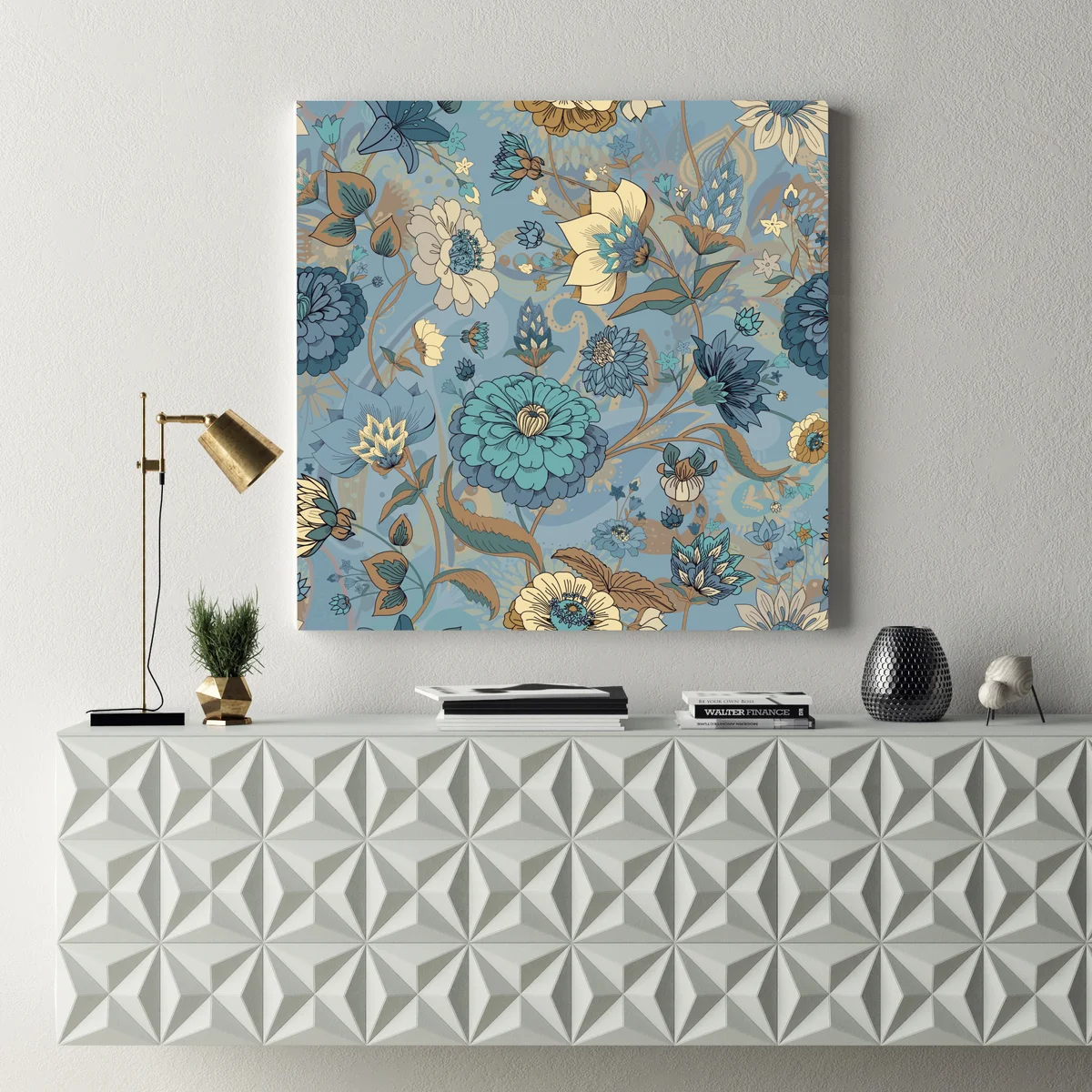 Leinwandbild vintage-blumenmuster in gedämpften blau- und beigetönen Leinwandbild vintage-blumenmuster in gedämpften blau- und beigetönen