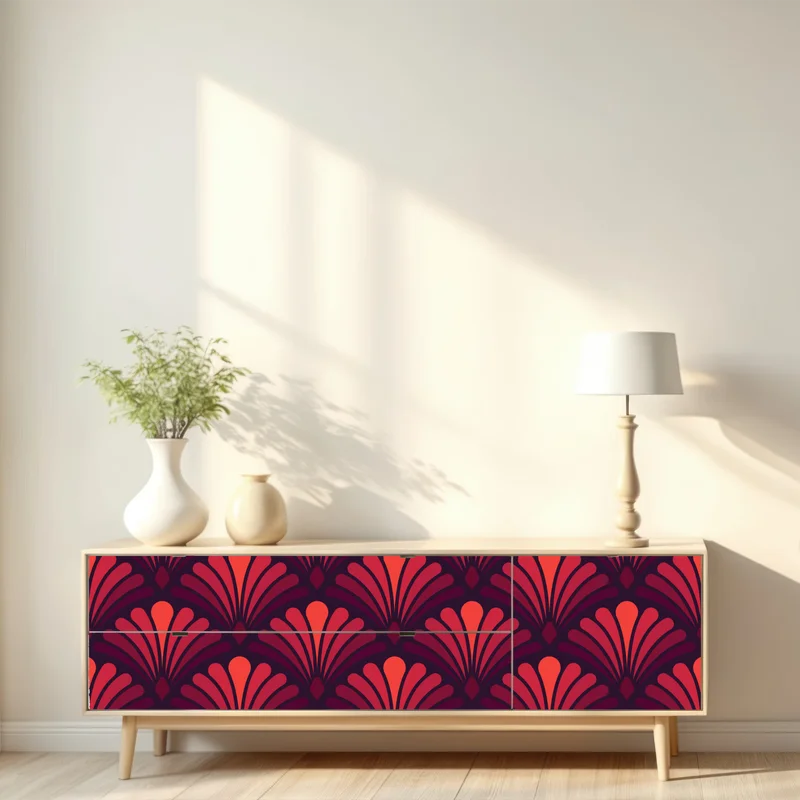 Repositionierbarer Aufkleber geometrisches art-déco fächermuster in warmen rot- und violetttönen