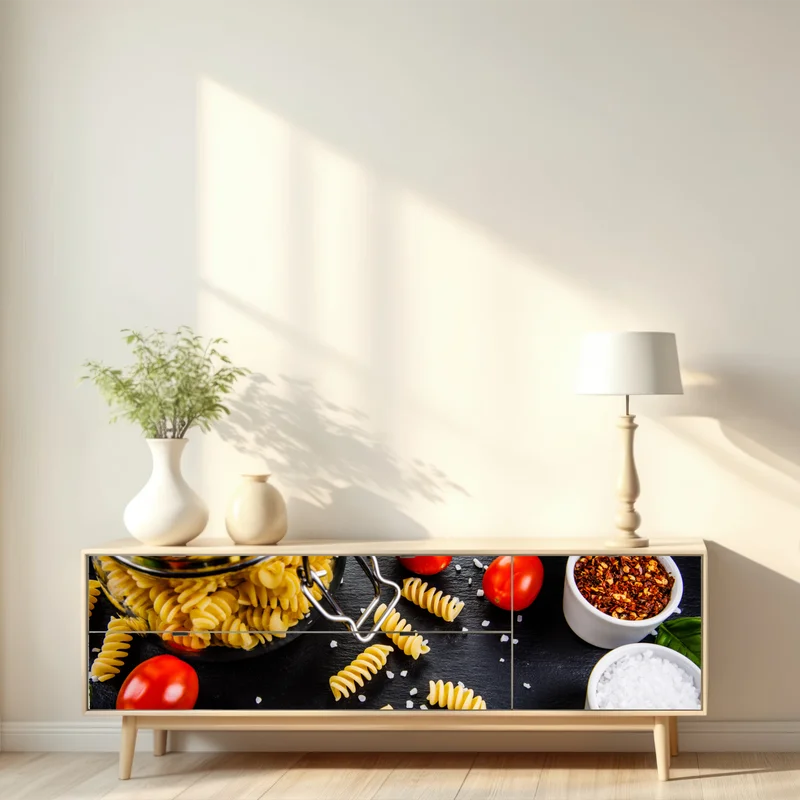 Repositionierbarer Aufkleber pasta zutaten arrangiert mit tomaten und basilikum