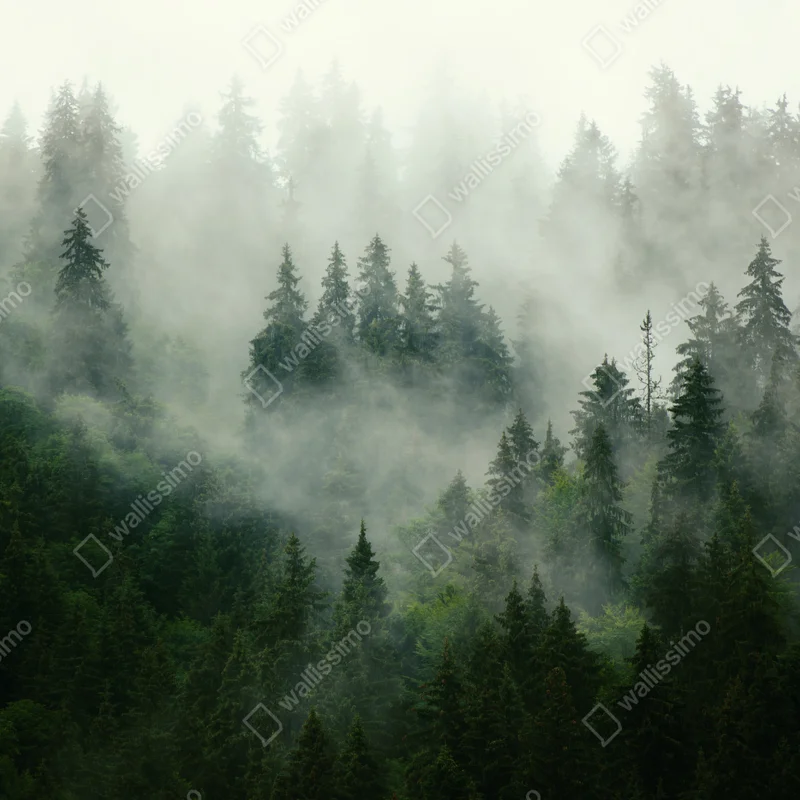 Repositionierbarer Aufkleber nebliger nadelwald Repositionierbarer Aufkleber nebliger nadelwald