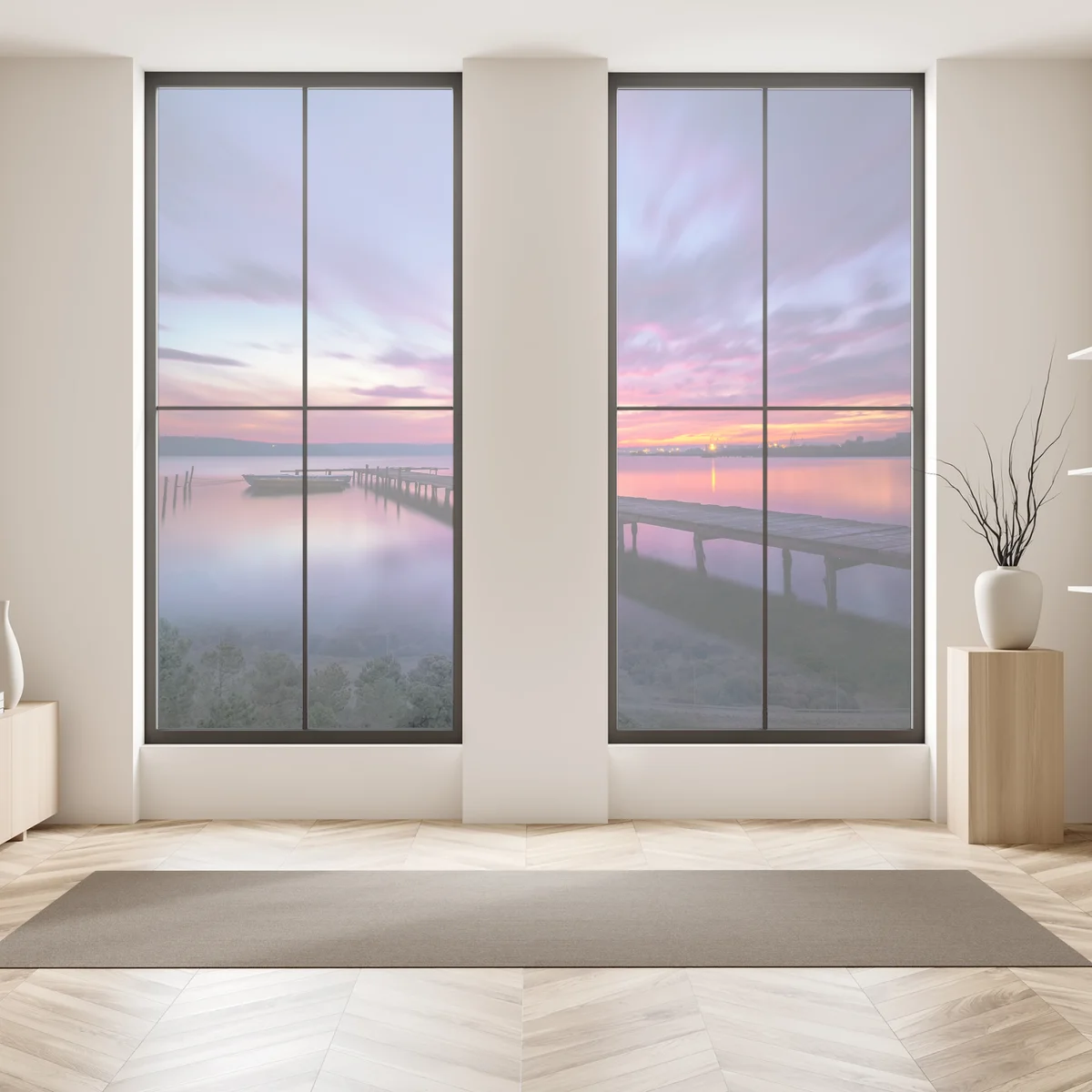 Fensteraufkleber sonnenuntergang über ruhigem see mit hölzernem steg Fensteraufkleber sonnenuntergang über ruhigem see mit hölzernem steg