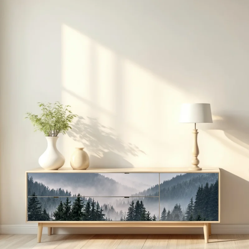 Repositionierbarer Aufkleber nebliger bergwald Repositionierbarer Aufkleber nebliger bergwald