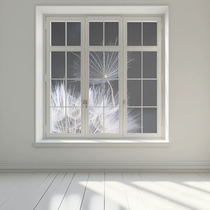 Fensteraufkleber zarter löwenzahnsamen auf schwarzem hintergrund