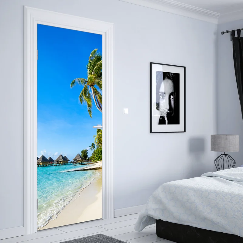 Türaufkleber tropischer türkisfarbener strand mit palmen