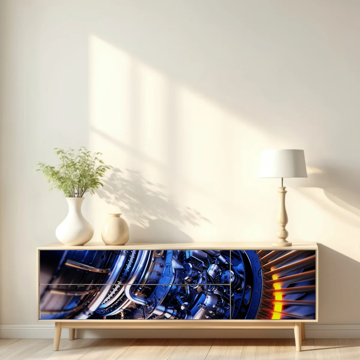 Repositionierbarer Aufkleber nahaufnahme einer turbinenanlage in blau und orange Repositionierbarer Aufkleber nahaufnahme einer turbinenanlage in blau und orange