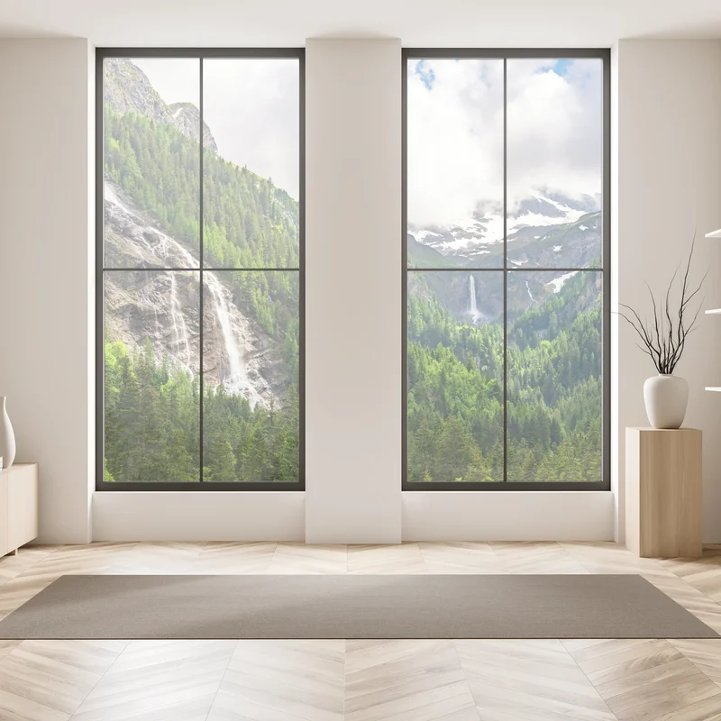 Fensteraufkleber nebelverhangener alpenwasserfall über grüner waldschlucht