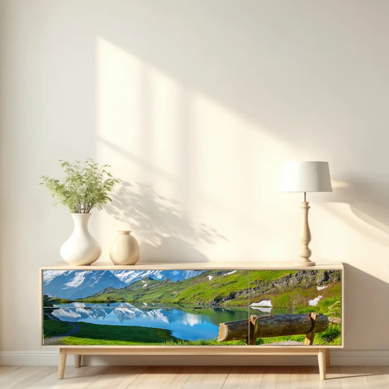 Repositionierbarer Aufkleber alpensee mit hölzerner bank Repositionierbarer Aufkleber alpensee mit hölzerner bank