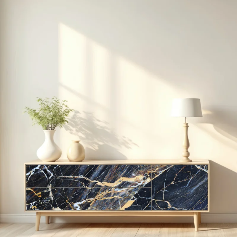 Repositionierbarer Aufkleber dunkler marmor mit goldenen und cremefarbenen adern