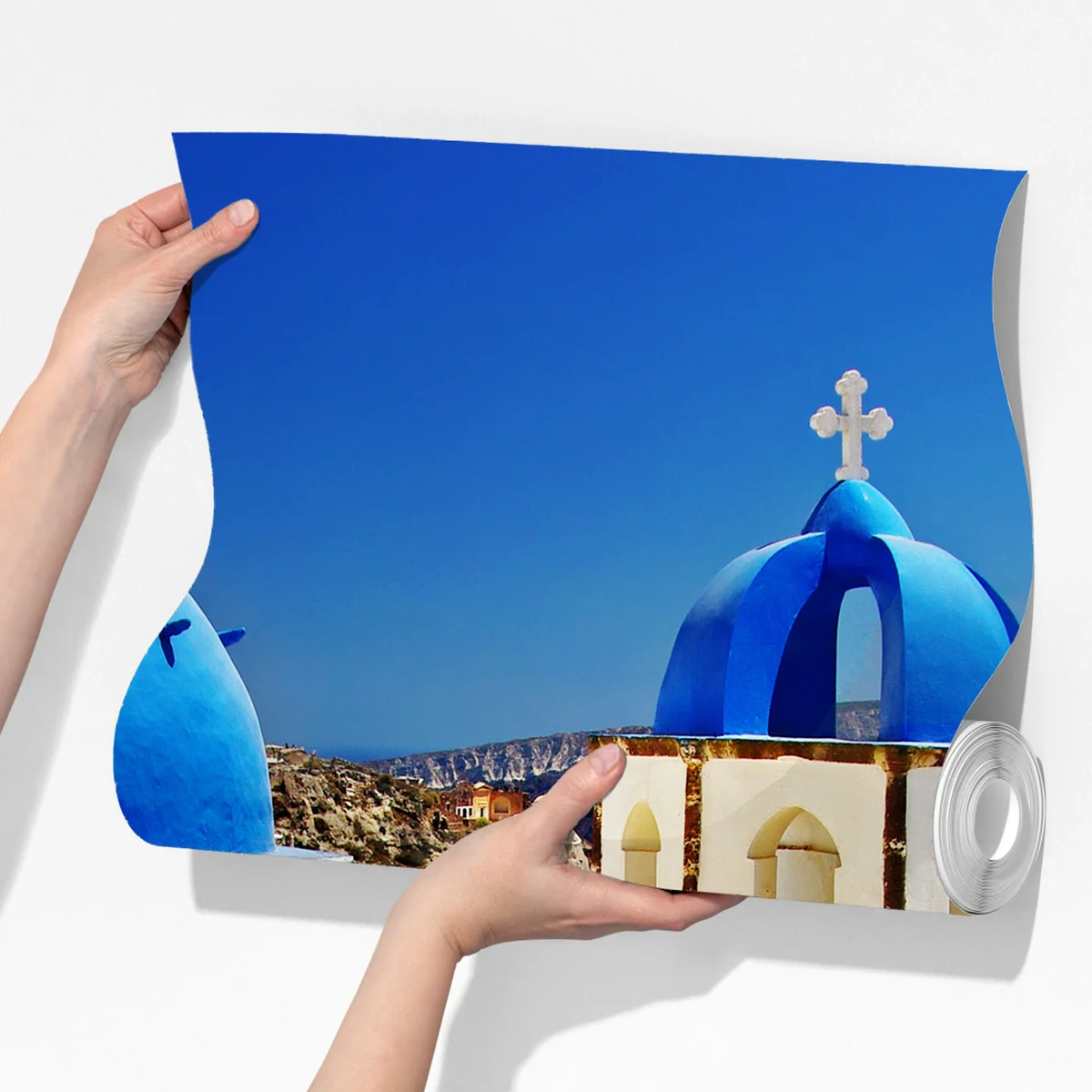 Fototapete Santorini blaue kuppeln meerblick Fototapete Santorini blaue kuppeln meerblick