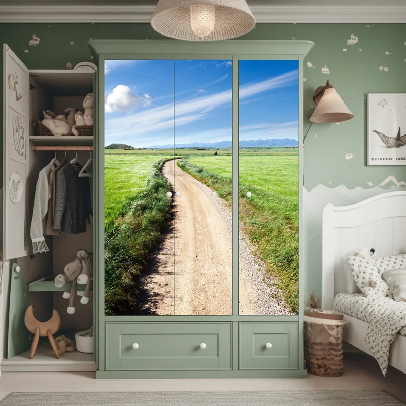 Schrankaufkleber gewundener landweg durch grüne wiesen Schrankaufkleber gewundener landweg durch grüne wiesen