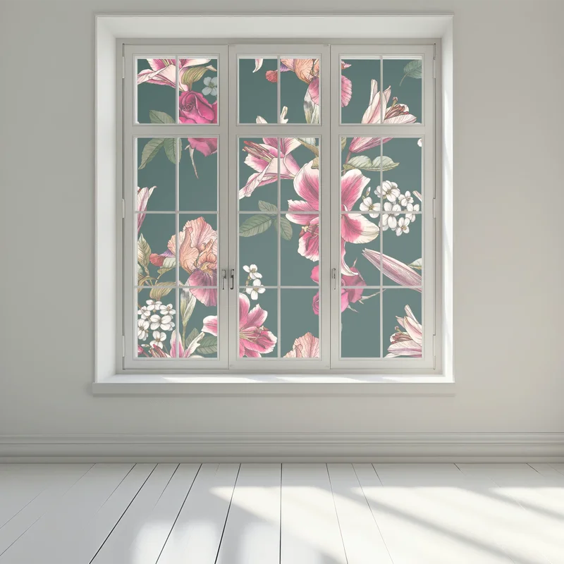 Fensteraufkleber vintage botanisches floralmuster auf tiefgrün Fensteraufkleber vintage botanisches floralmuster auf tiefgrün