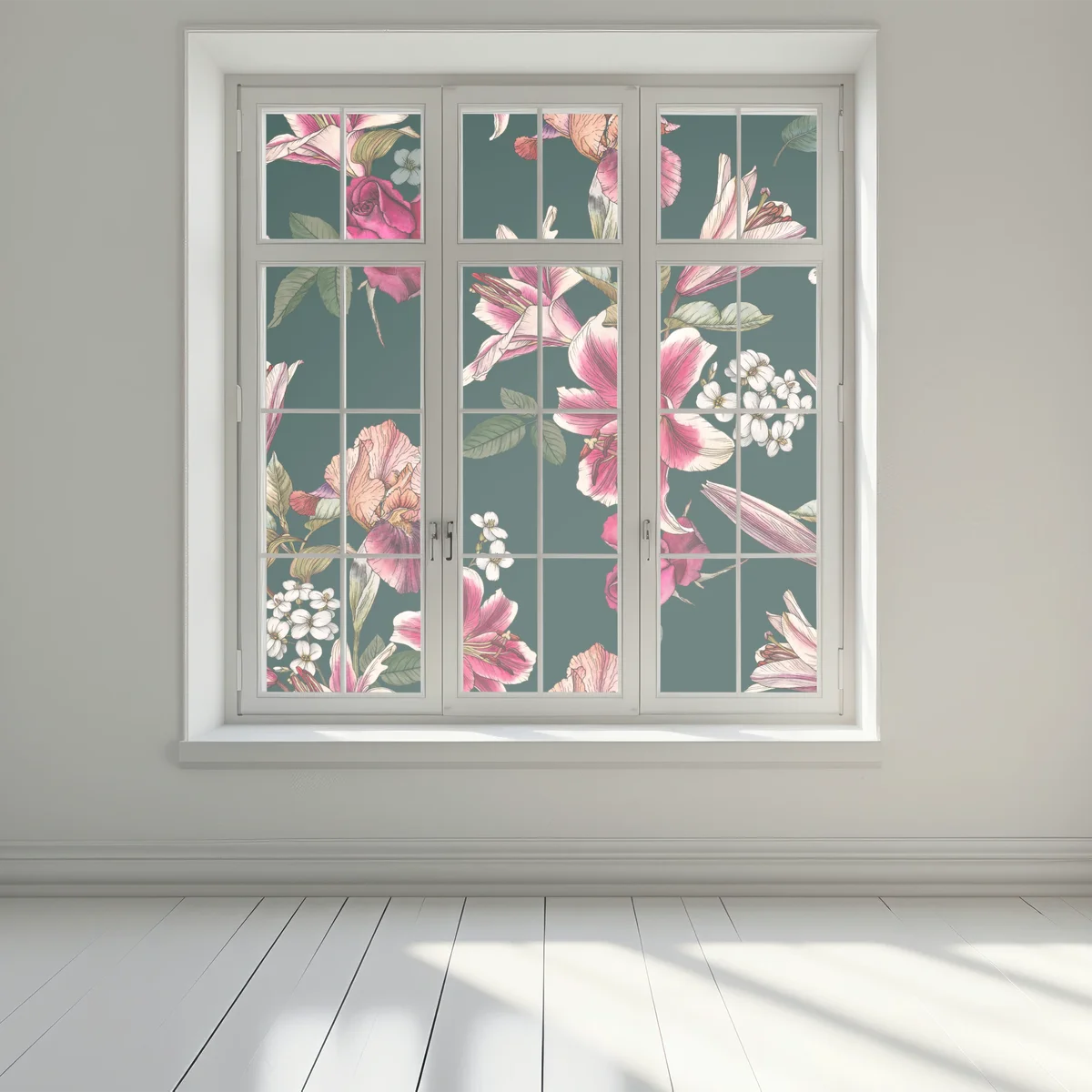 Fensteraufkleber vintage botanisches floralmuster auf tiefgrün Fensteraufkleber vintage botanisches floralmuster auf tiefgrün