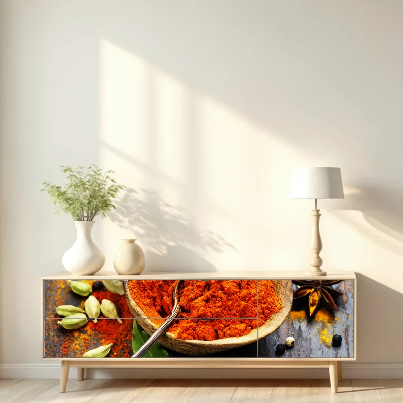 Repositionierbarer Aufkleber bunte gewürze und kräuter auf holz Repositionierbarer Aufkleber bunte gewürze und kräuter auf holz