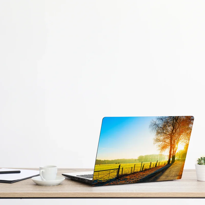 Laptop-Aufkleber sonnenbeschienener landweg durch herbstliche wiese Laptop-Aufkleber sonnenbeschienener landweg durch herbstliche wiese