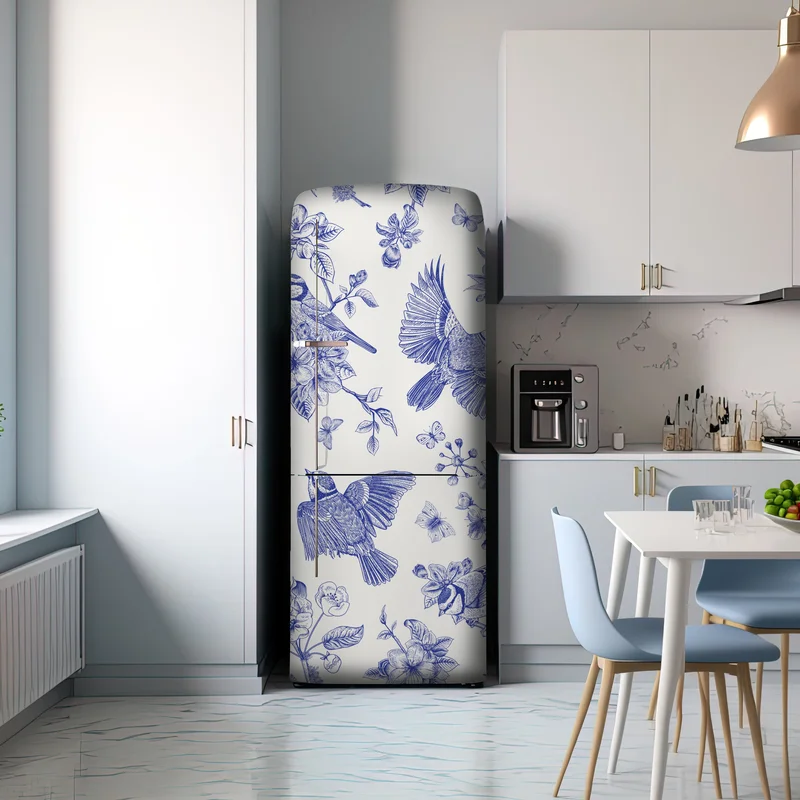 Kühlschrankaufkleber blaues muster mit vögeln und blüten im vintage-stil