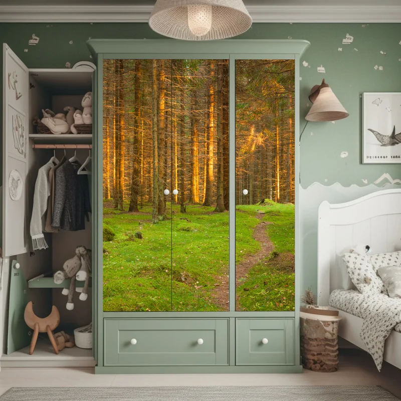 Schrankaufkleber goldenes licht im moosbedeckten kiefernwald