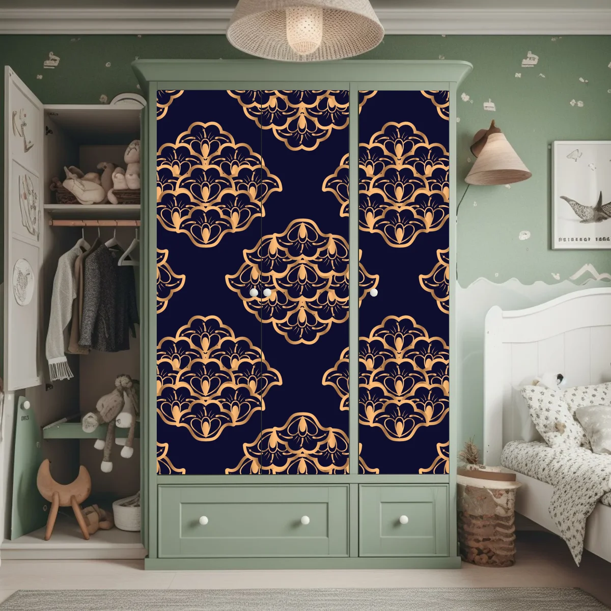 Schrankaufkleber goldenes damastmuster auf marineblauem hintergrund Schrankaufkleber goldenes damastmuster auf marineblauem hintergrund